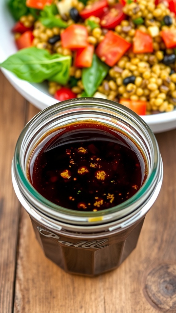 A jar of balsamic vinaigrette next to a colorful quinoa salad with fresh vegetables.